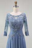 Dusty Blue Plus Size Blue Ruched Mother of the Bride Dress with Appliques