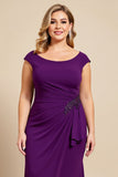 Purple Ruched Scoop Neck Mother of the Bride Dress