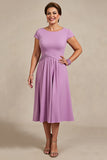 Lilac Chiffon Ruched A Line Midi Mother of the Bride Dress
