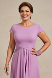 Lilac Chiffon Ruched A Line Midi Mother of the Bride Dress