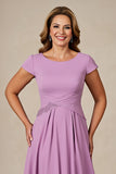 Lilac Chiffon Ruched A Line Midi Mother of the Bride Dress
