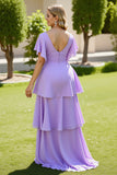 Lilac V Neck A Line Chiffon Maxi Tiered Bridesmaid Dress