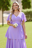 Lilac V Neck A Line Chiffon Maxi Tiered Bridesmaid Dress