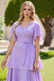 Lilac V Neck A Line Chiffon Maxi Tiered Bridesmaid Dress