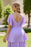 Lilac V Neck A Line Chiffon Maxi Tiered Bridesmaid Dress