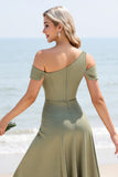 Olive A Line One Shoulder Satin Maxi Bridesmaid Dress with Slit