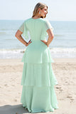 Mint Chiffon V Neck Maxi A Line Tiered Bridesmaid Dress