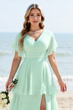 Mint Chiffon V Neck Maxi A Line Tiered Bridesmaid Dress