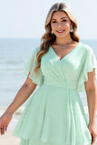 Mint Chiffon V Neck Maxi A Line Tiered Bridesmaid Dress