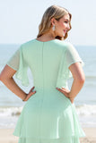 Mint Chiffon V Neck Maxi A Line Tiered Bridesmaid Dress