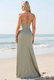 Olive Satin Halter Maxi Mermaid Bridesmaid Dress with Slit