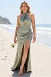 Olive Satin Halter Maxi Mermaid Bridesmaid Dress with Slit