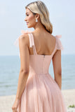 Blush Pink A Line Sweetheart Maxi Bridesmaid Dress with Bow