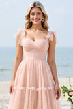 Blush Pink A Line Sweetheart Maxi Bridesmaid Dress with Bow