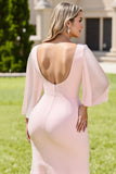 Candy Pink Maxi Sheath Long Sleeves Bridesmaid Dress with Bow