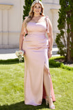 Candy Pink Sheath spaghetti Straps Maxi Bridesmaid Dress with Slit
