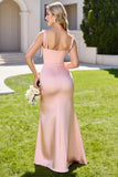 Candy Pink Sheath spaghetti Straps Maxi Bridesmaid Dress with Slit