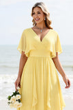 Daffodil Chiffon A Line V Neck Maxi Bridesmaid Dress with Ruffles