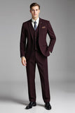 Burgundy 3 Piece Notched Lapel Slim Fit Men's Suits