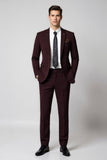 Burgundy 2 Piece Notched Lapel Slim Fit Men's Suits