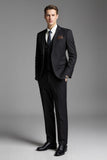 3 Piece Solid Black Slim Fit Notched Lapel Men's Suits