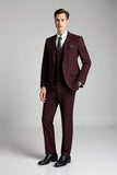 Plaid Notched Lapel 3 Piece Formal Burgundy Men's Suits