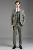 Grey Green Notched Lapel 3-Piece Slim Fit Men's Formal Suits