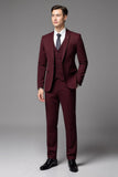 Notched Lapel Single Breasted Burgundy 3 Piece Men's Formal Suits
