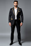 Black 2 Piece Single Breasted Peak Lapel Printed Prom Suits