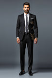 Black Slim Fit 2 Piece Single Breasted Men's Suit with Gold Embroidery