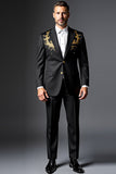 Black Peak Lapel 2 Piece Single Breasted Printed Men's Suits