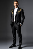 Black Peak Lapel 2 Piece Single Breasted Printed Men's Suits
