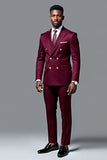 Burgundy Double Breasted 2 Piece Peak Lapel Men's Suits