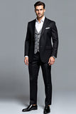 Black 3 Piece Peak Lapel Striped Men's Party Suits