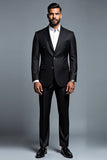 Black 2 Piece Notched Lapel Stripe Men's Suits