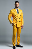 Men's Yellow 2 Piece Double Breasted Notched Lapel Prom Suits