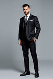 Black Single Breasted 3 Piece Notched Lapel Striped Men's Suits
