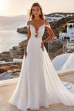 Ivory Chiffon Sweep Train Cold Shoulder Boho Wedding Dress with Lace