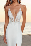 Ivory Sweep Train Spaghetti Straps Mermaid Appliqued Wedding Dress with Slit