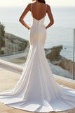 Simple Ivory Satin Mermaid Sweep Train Spaghetti Straps Wedding Dress