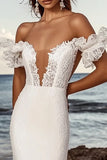 Ivory Satin Sweep Train Mermaid Wedding Dress with Lace