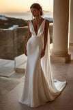 Elegant Ivory Satin Watteau Train V Neck Mermaid Wedding Dress