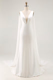 Elegant Ivory Satin Watteau Train V Neck Mermaid Wedding Dress