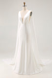 Ivory Satin Watteau Train V Neck Mermaid Long Wedding Dress