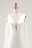 Ivory Satin Watteau Train V Neck Mermaid Long Wedding Dress