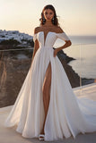 Ivory Chiffon Sweep Train Pleated A Line Wedding Dress with Slit