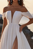 Ivory Chiffon Sweep Train Pleated A Line Wedding Dress with Slit