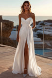 Ivory Chiffon Sweep Train A Line Strapless Ruched Wedding Dress with Slit