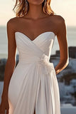 Ivory Chiffon Sweep Train A Line Strapless Ruched Wedding Dress with Slit
