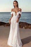 Ivory Lace Floor Length Sheath Cold Shoulder Wedding Dress